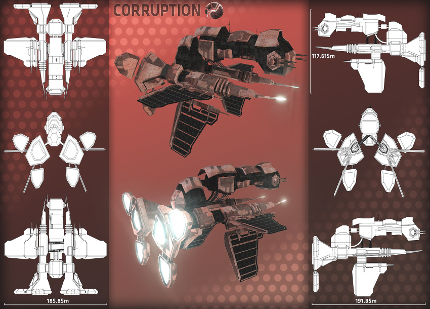 3d blueprint_(medium) cannon commentary concept_art destroyer_(eve_online) eve_online from_side glowing highres military_vehicle minmatar_republic_(eve_online) multiple_views no_humans original rak49 red_background red_theme reference_sheet science_fiction solar_panel spacecraft thrusters turret vehicle_focus