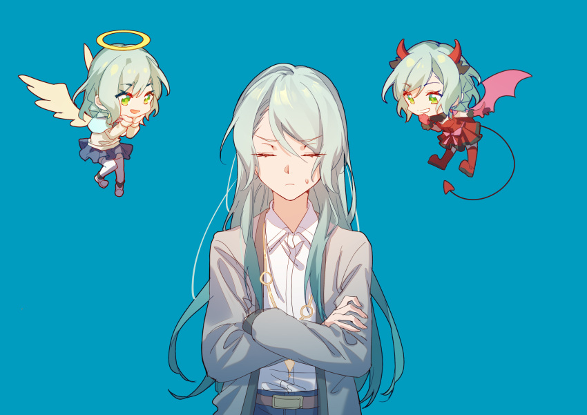 :d absurdres angel angel_and_devil angel_wings aqua_hair bang_dream! blue_background blue_skirt boots chibi chinese_commentary closed_eyes closed_mouth collared_shirt commentary_request crossed_arms demon demon_horns demon_tail demon_wings dress_shirt dual_persona gloves green_eyes grey_jacket halo highres hikawa_hina hikawa_sayo horns jacket long_hair long_sleeves looking_at_another medium_hair puffy_sleeves red_footwear red_gloves shirt shoulder_angel shoulder_devil siblings sidelocks simple_background skirt smile sweatdrop tail thigh-highs thigh_boots twins upper_body walluka white_shirt white_thighhighs wings yellow_shirt