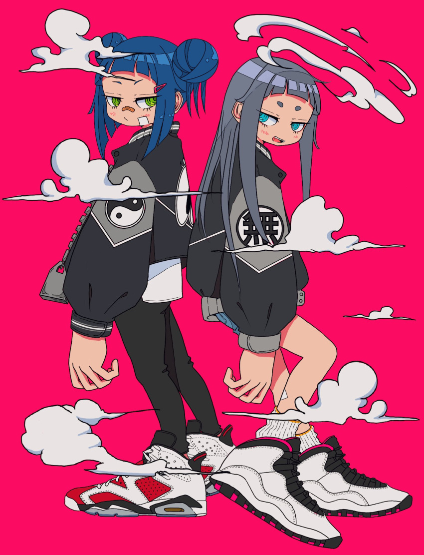 2girls back-to-back bandaid bandaid_on_cheek bandaid_on_face bandaid_on_leg bandaid_on_nose black_jacket black_leggings blue_hair blue_shorts closed_mouth clouds commentary double_bun from_side full_body green_eyes grey_hair hair_bun hair_ornament hairclip highres jacket leggings long_hair long_sleeves looking_at_viewer looking_to_the_side multiple_girls nao97122 open_clothes open_jacket original pink_background print_jacket red_footwear ringed_eyes shoes short_hair shorts sidelocks simple_background sneakers socks standing straight_hair streetwear symbol-only_commentary white_footwear white_socks yin_yang yin_yang_print zipper zipper_pull_tab
