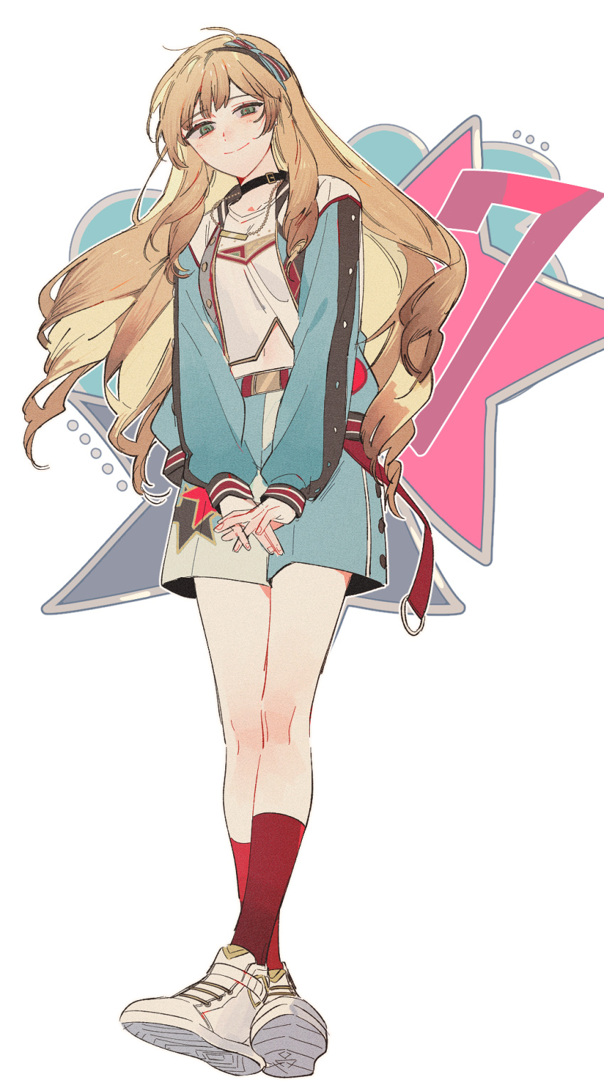 1girl alternate_costume anight belt blonde_hair blue_bow blue_jacket blue_shorts bow casual choker closed_mouth drill_hair drill_sidelocks ensemble_stars! full_body green_eyes hair_bow highres jacket jewelry long_hair long_sleeves looking_at_viewer mademoiselle_(ensemble_stars!) navel necklace open_clothes open_jacket own_hands_together paper_texture red_socks shirt shoes shorts sidelocks simple_background smile sneakers socks solo striped striped_bow two-tone_shorts v_arms white_background white_footwear white_shirt white_shorts