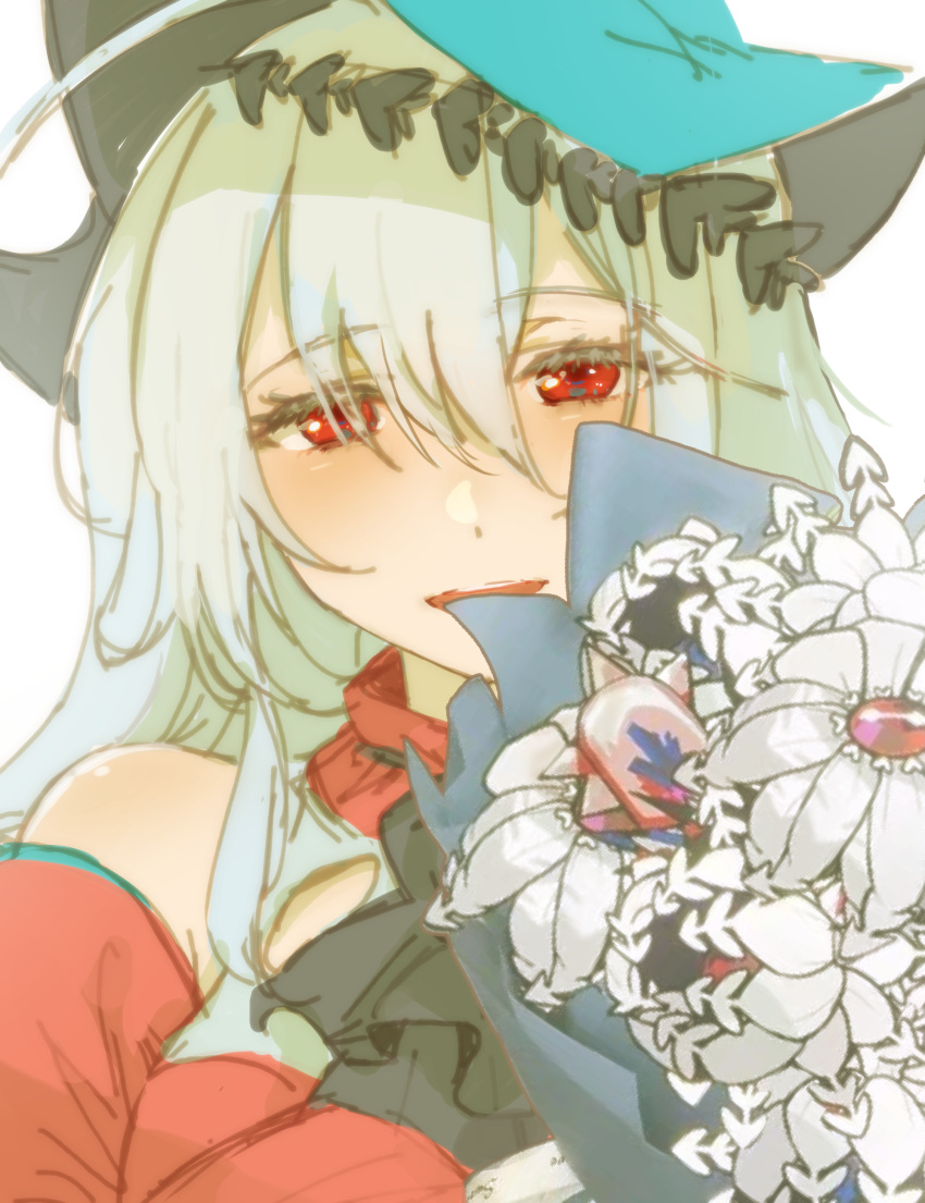 1girl :d absurdres arknights ascot bare_shoulders black_ascot blue_headwear blush bouquet creature grey_hair hachi32gyi hat highres long_hair looking_at_viewer monster open_mouth red_eyes simple_background skadi_(arknights) skadi_the_corrupting_heart_(arknights) smile solo upper_body white_background