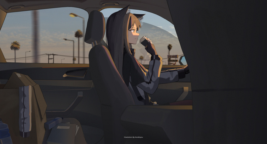 1girl animal_ear_fluff animal_ears arknights artist_name black_capelet black_gloves black_hair book bottle box brown_eyes capelet car car_interior car_seat cardboard_box closed_mouth cup day disposable_cup driving fingerless_gloves from_side gloves highres holding holding_cup lamppost long_hair long_sleeves motor_vehicle northkiyou outdoors profile sitting smile solo texas_(arknights) wolf_ears