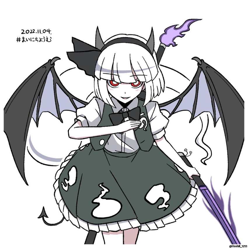 1girl :d bat_wings black_bow black_bowtie black_hairband black_skirt black_vest bow bowtie bright_pupils collared_shirt commentary dated demon_girl demon_tail demon_wings frilled_skirt frills ghost hairband highres holding holding_sword holding_weapon horns hoshii_1213 konpaku_youmu konpaku_youmu_(ghost) open_mouth red_eyes shirt short_hair simple_background skirt smile solo sword sword_behind_back tail touhou twitter_username vest weapon white_background white_hair white_pupils white_shirt wings