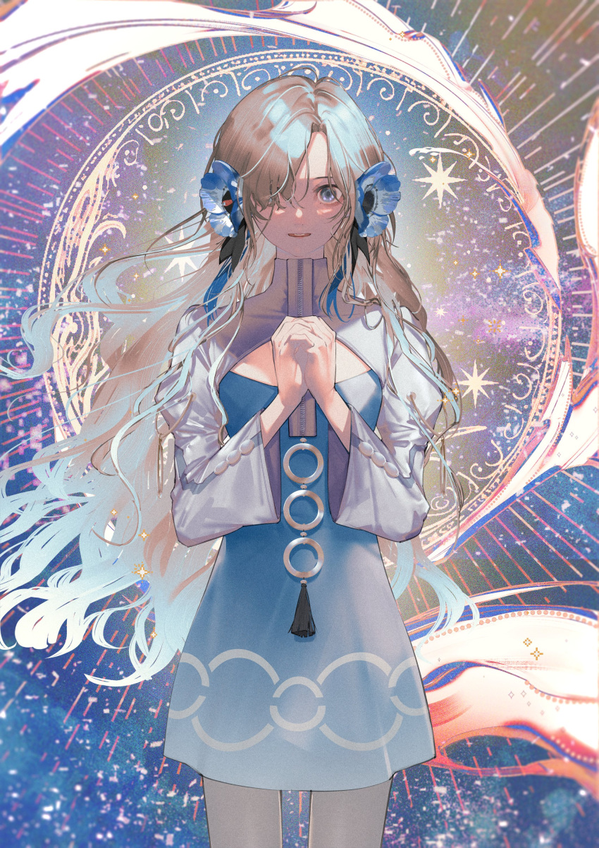 1girl absurdres blue_dress blue_eyes blue_flower blue_hair cowboy_shot dress flower grey_hair hair_flower hair_ornament hair_over_one_eye highres isekai_joucho kamitsubaki_studio long_hair long_sleeves looking_at_viewer multicolored_hair own_hands_together pantyhose parted_lips shiomi_(lowrise) smile solo tassel two-tone_dress two-tone_hair virtual_youtuber white_dress white_pantyhose