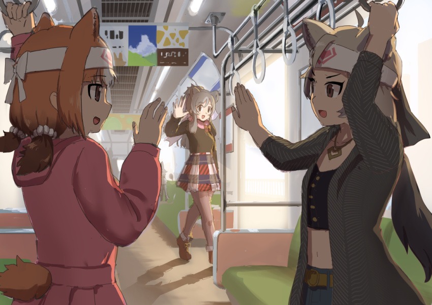 3girls animal_ears bear_ears bear_girl bear_tail bergman's_bear_(kemono_friends) black_shirt black_sweater blush brown_eyes brown_hair casual coat collarbone crop_top denim extra_ears ezo_brown_bear_(kemono_friends) grey_coat grey_hair grey_pantyhose headband jeans jewelry kemono_friends kemono_friends_3 kodiak_bear_(kemono_friends) long_coat long_hair long_sleeves midriff multicolored_hair multiple_girls navel necklace official_alternate_costume open_clothes open_coat pants pantyhose pink_scarf pink_skirt pink_sweater plaid plaid_skirt pleated_skirt scarf shirt short_hair short_twintails sidelocks skirt sweater tail train twintails two-tone_hair white_hair yumeumi_sousaku