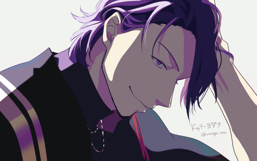 1boy artist_name black_shirt duryodhana_(fate) earrings facial_hair fate/grand_order fate_(series) goatee hand_on_own_head iwanaga_tm jewelry male_focus muscular muscular_male necklace profile purple_hair sash shirt short_hair shoulder_sash simple_background single_earring solo upper_body violet_eyes white_background