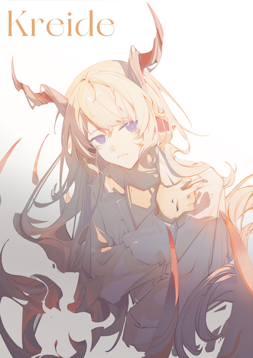 1boy absurdres animal_ears arknights bishounen fenshizhujiu075 formal from_above goat_boy goat_ears goat_horns highres horns kreide_(arknights) long_hair male_focus monochrome simple_background solo suit tagme violet_eyes white_background white_hair
