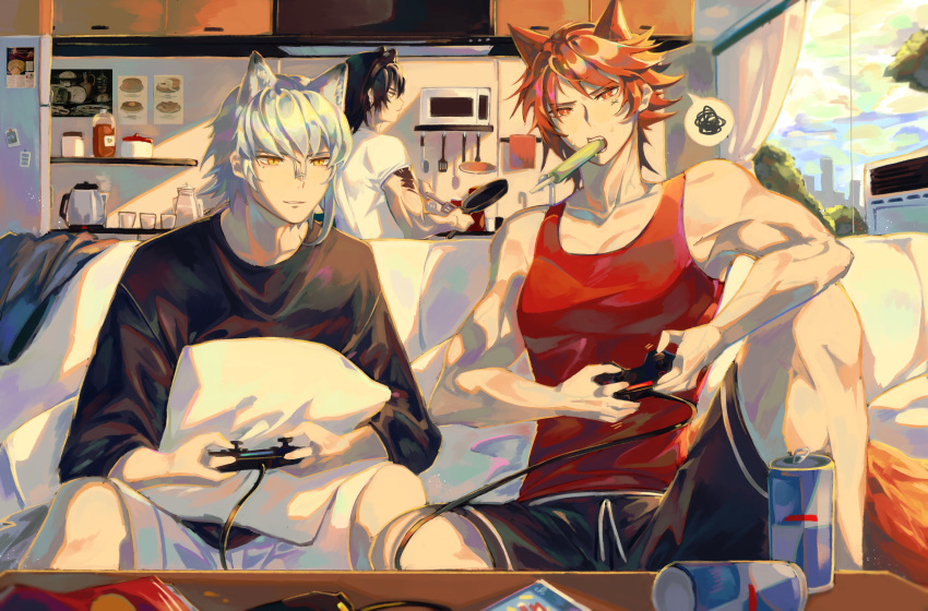 3boys absurdres animal_ears annoyed aosta_(arknights) arknights bishounen black_hair black_shirt broca_(arknights) chiave_(arknights) couch game_console highres indoors kikan_(kikanoe) male_focus multiple_boys red_eyes red_tank_top redhead scribble shirt short_hair sitting speech_bubble tagme tank_top toned toned_male white_hair wolf_boy wolf_ears yellow_eyes