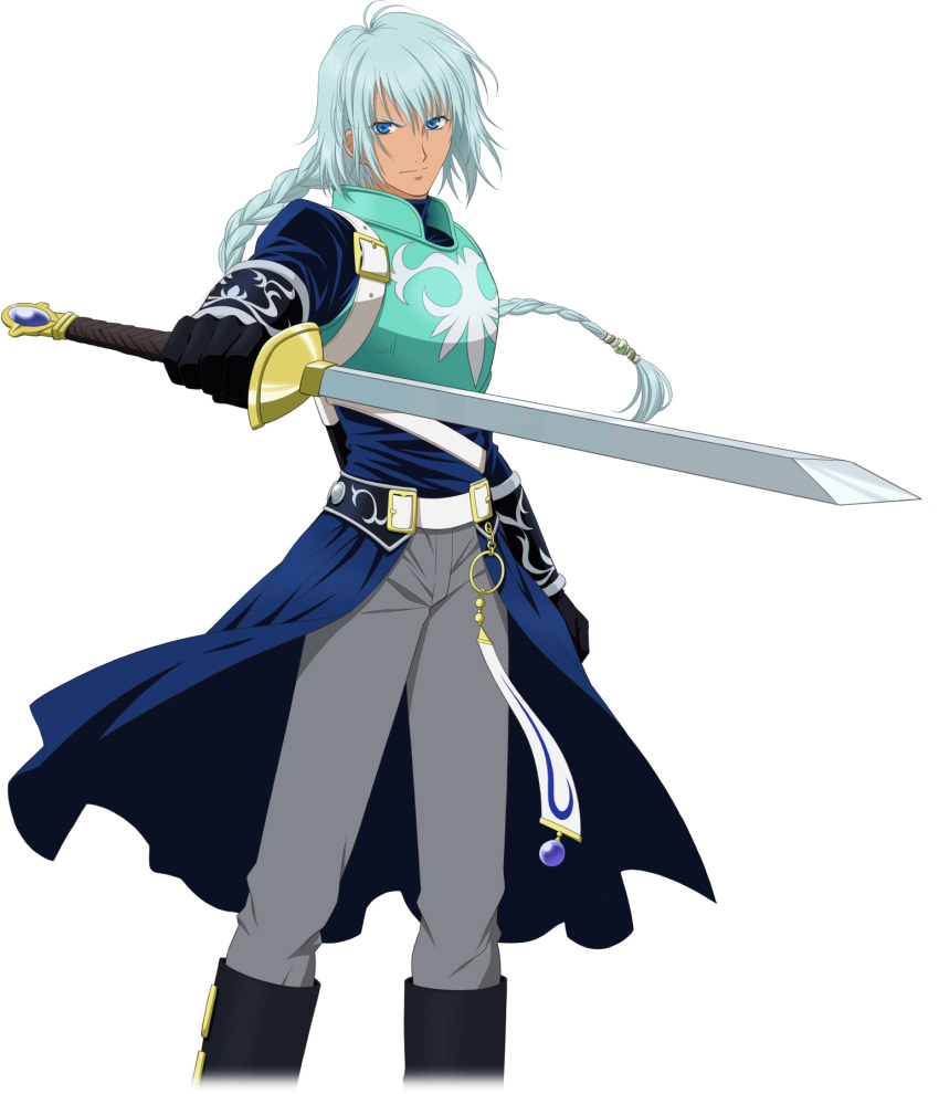 1boy aqua_hair armor black_gloves blue_hair boots braid english_commentary feet_out_of_frame gloves grey_pants highres holding holding_sword holding_weapon long_hair male_focus official_art pants sword tales_of_(series) tales_of_asteria tales_of_rebirth transparent_background veigue_lungberg weapon