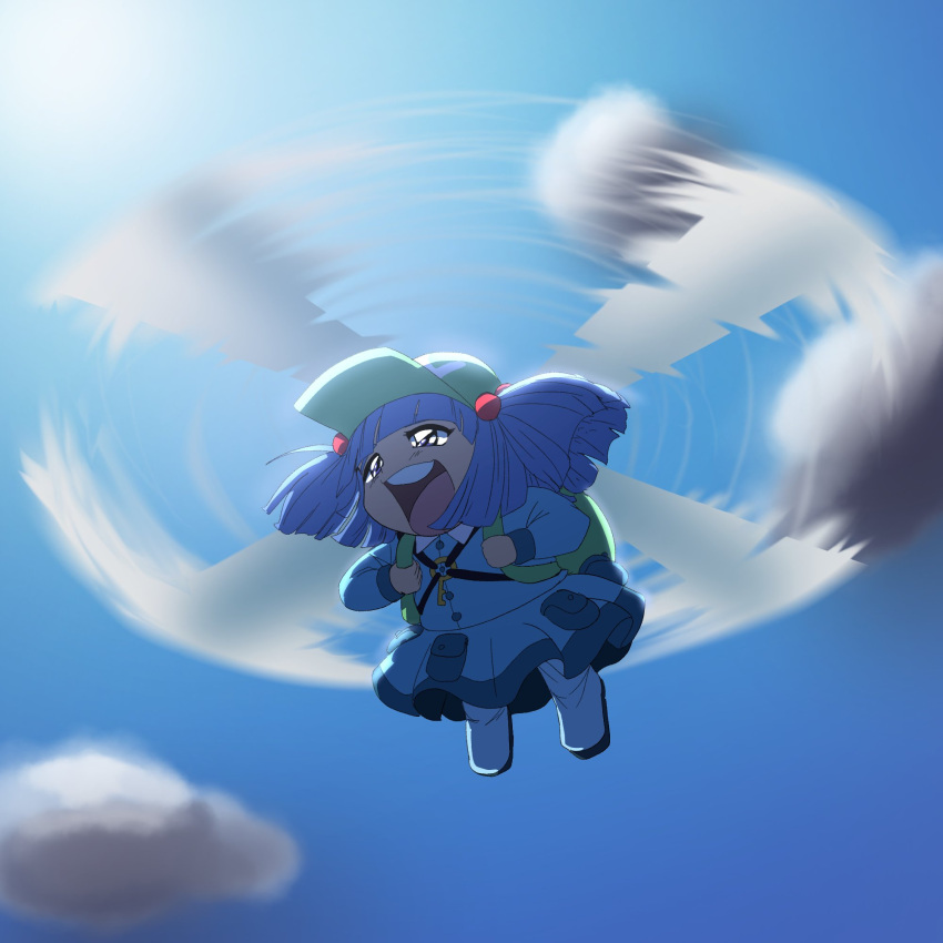 1girl blue_eyes blue_hair blue_skirt blue_sky clouds commentary english_commentary flat_cap full_body green_headwear hat highres kawashiro_nitori motion_blur open_mouth outdoors rotor skirt sky solo step_arts teeth touhou two_side_up upper_teeth_only