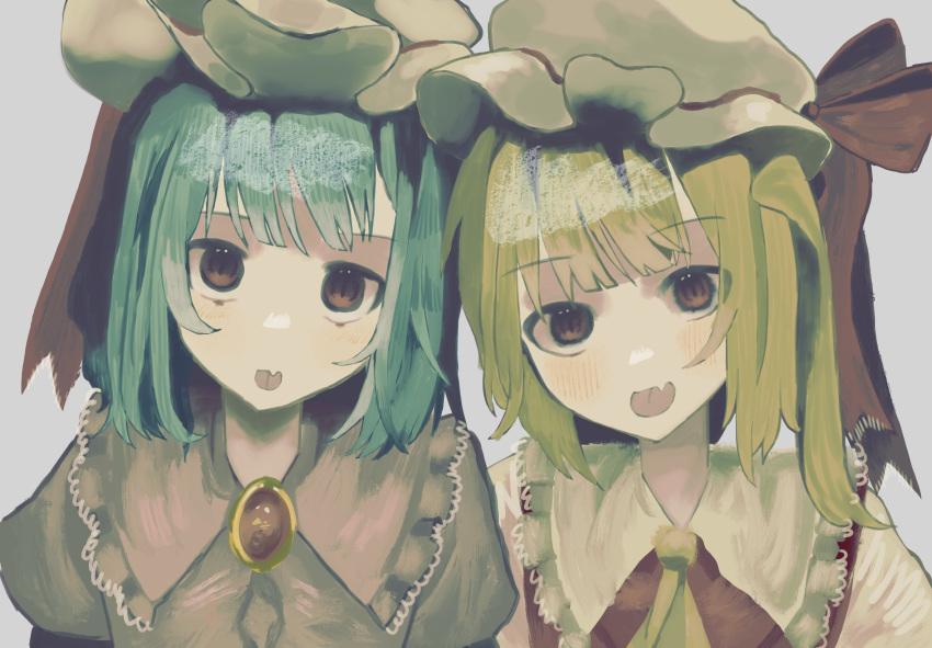 2girls :p ascot blonde_hair brooch commentary_request fang flandre_scarlet green_hair grey_background grey_vest hat highres jewelry looking_at_viewer medium_hair mob_cap multiple_girls red_eyes red_vest remilia_scarlet siblings simple_background sisters skin_fang slit_pupils takone tongue tongue_out touhou upper_body vest yellow_ascot