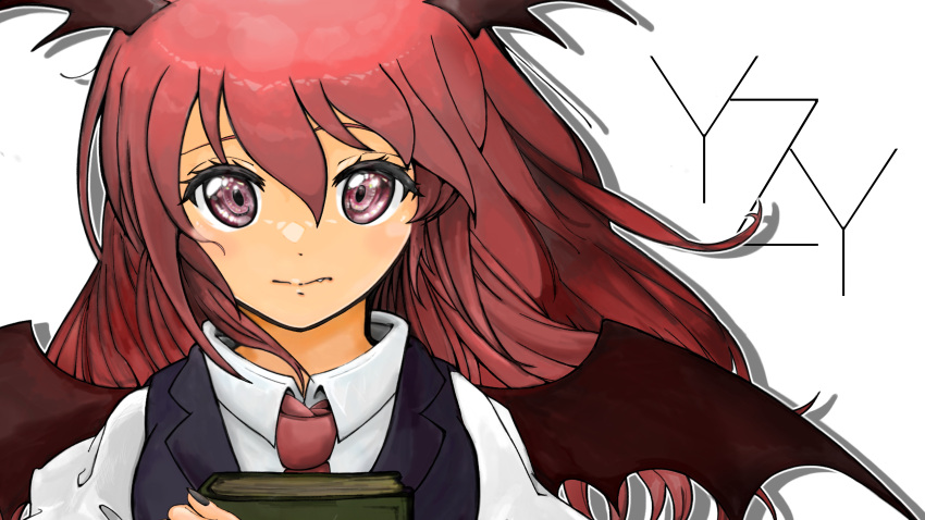 1girl absurdres black_nails black_vest book brown_wings character_name closed_mouth collared_shirt commentary_request cookie_(touhou) demon_girl demon_wings expressionless fang fang_out fingernails head_wings highres holding holding_book koakuma long_hair looking_at_viewer necktie red_eyes red_necktie redhead shirt simple_background solo sun_kajitsu touhou upper_body vest white_background white_shirt wings yuzuyu_(cookie)
