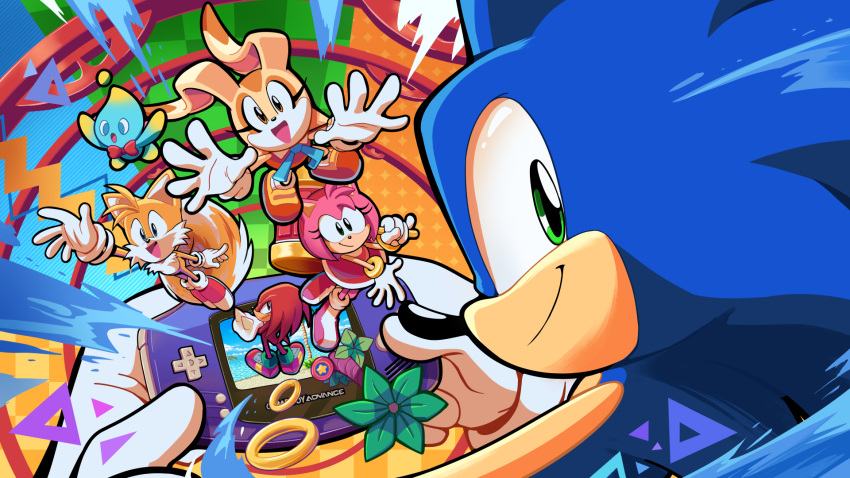 2girls 3boys amy_rose aryelsereio boots brown_eyes chao_(sonic) cheese_(sonic) cream_the_rabbit game_boy game_boy_advance gloves green_eyes handheld_game_console highres holding holding_handheld_game_console knuckles_the_echidna looking_at_viewer multiple_boys multiple_girls open_mouth shoes sonic_(series) sonic_the_hedgehog tails_(sonic) white_gloves