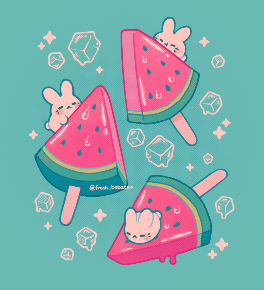 3others :&lt; blush closed_eyes emily_kim facial_mark food fruit green_background highres ice ice_cream ice_cube minimized multiple_others no_humans original rabbit sparkle twitter_username watermelon watermelon_slice whisker_markings