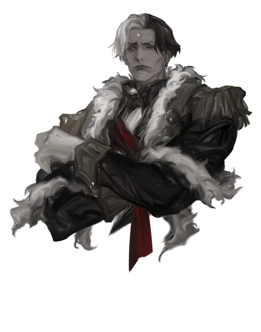 1boy black_coat brown_hair chinese_commentary coat collared_coat commentary_request cropped_torso crossed_arms emet-selch epaulettes final_fantasy final_fantasy_xiv frown fur-trimmed_coat fur_trim furrowed_brow garlean gloves half-closed_eye highres long_sleeves looking_at_viewer male_focus mature_male multicolored_hair one_eye_closed realistic shawnstaw short_hair simple_background solo squinting third_eye two-tone_hair upper_body white_background white_gloves white_hair yellow_eyes