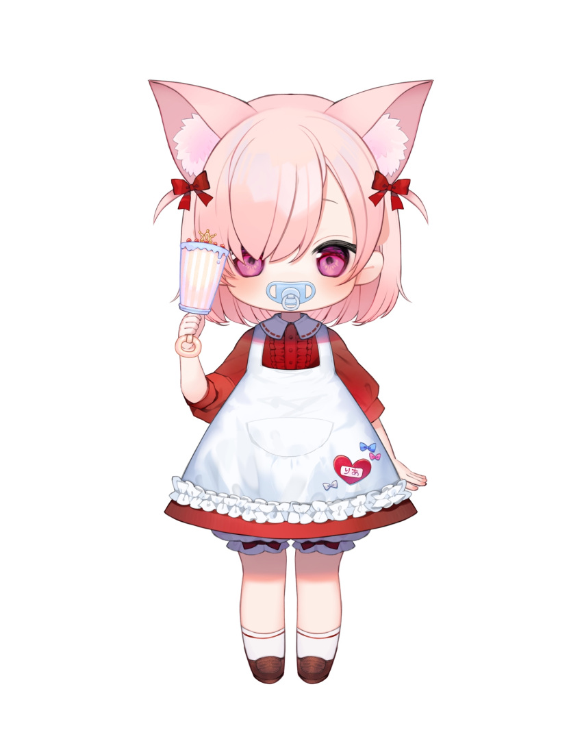 1girl absurdres animal_ear_fluff animal_ears apron bloomers blush bow brown_footwear cat_ears cat_girl character_name collared_dress dress female_child frilled_apron frills full_body hair_bow hand_up heart highres holding holding_rattle loafers looking_at_viewer medium_hair mitsurugi_lia name_tag official_art pacifier pink_eyes pink_hair puffy_short_sleeves puffy_sleeves rattle red_bow red_dress second-party_source shoes short_sleeves simple_background socks solo takehana_note translated two_side_up underwear wactor_production white_apron white_background white_bloomers white_socks