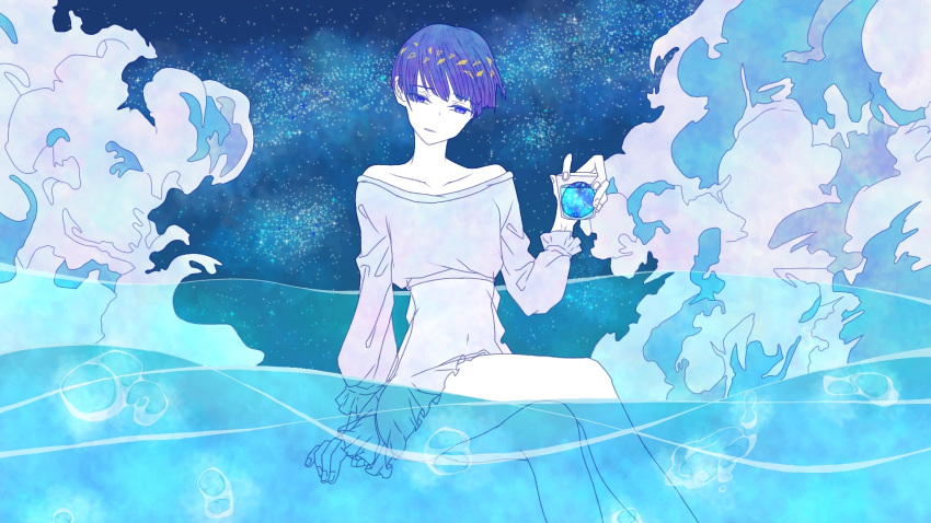 alternate_costume androgynous bad_source blue_background blue_eyes cup dress highres holding holding_cup houseki_no_kuni long_sleeves looking_at_viewer phosphophyllite phosphophyllite_(ll) shirokuko short_hair solo water_background