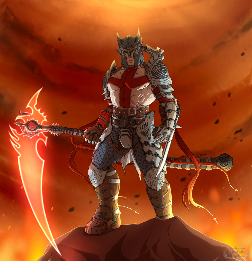 1boy arm_blade armor belt blade boots bracer brown_footwear brown_sky buckle closed_mouth commission commissioner_upload cross crossover crucible_(doom) crucifix dante's_inferno dante_(dante's_inferno) debris doom_(series) doom_eternal doomguy electronic_arts energy_blade energy_weapon fake_horns full_body gauntlets glowing glowing_eyes glowing_weapon gothikangelica greaves green_eyes grey_headwear hell helmet highres holding holding_scythe holding_weapon horned_helmet horns huge_weapon knight knights_templar latin_cross laurel_crown looking_at_viewer male_focus mark_of_the_doom_slayer medieval multicolored_sky night_sentinel on_ground orange_sky outdoors pauldrons red_cross red_ribbon red_sky ribbon rosary scythe second-party_source shoulder_armor sky solo sparks standing straight-on sword templar topless_male watermark weapon