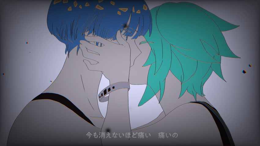 2others alternate_costume androgynous bad_source blue_eyes derivative_work hand_on_another's_cheek hand_on_another's_face highres houseki_no_kuni kiss long_sleeves looking_at_viewer multiple_others phosphophyllite phosphophyllite_(ll) screencap_redraw shirokuko shirt short_hair solo surprise_kiss surprised vocaloid white_background white_shirt