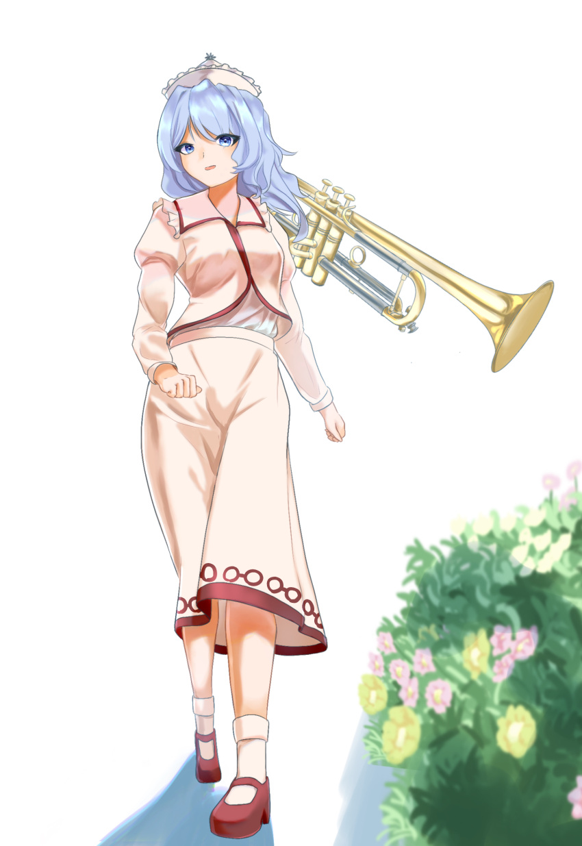 1girl blue_hair commentary_request flower frilled_hat frills full_body hat highres instrument kulukulu3333 long_sleeves medium_hair merlin_prismriver outdoors pink_headwear pink_shirt pink_skirt pink_socks red_footwear shirt simple_background skirt socks solo standing touhou trumpet white_background