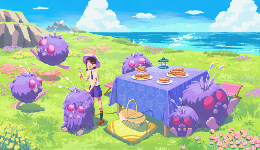 1girl :d absurdres basket black_socks brown_footwear brown_hair closed_eyes clouds commentary_request day flower food grass hat highres holding_hair_brush juliana_(pokemon) necktie open_mouth outdoors pokemon pokemon_(creature) pokemon_(game) pokemon_sv purple_shorts sandwich shirt shoes short_sleeves shorts sky smile socks standing tablecloth venonat water xxxxay