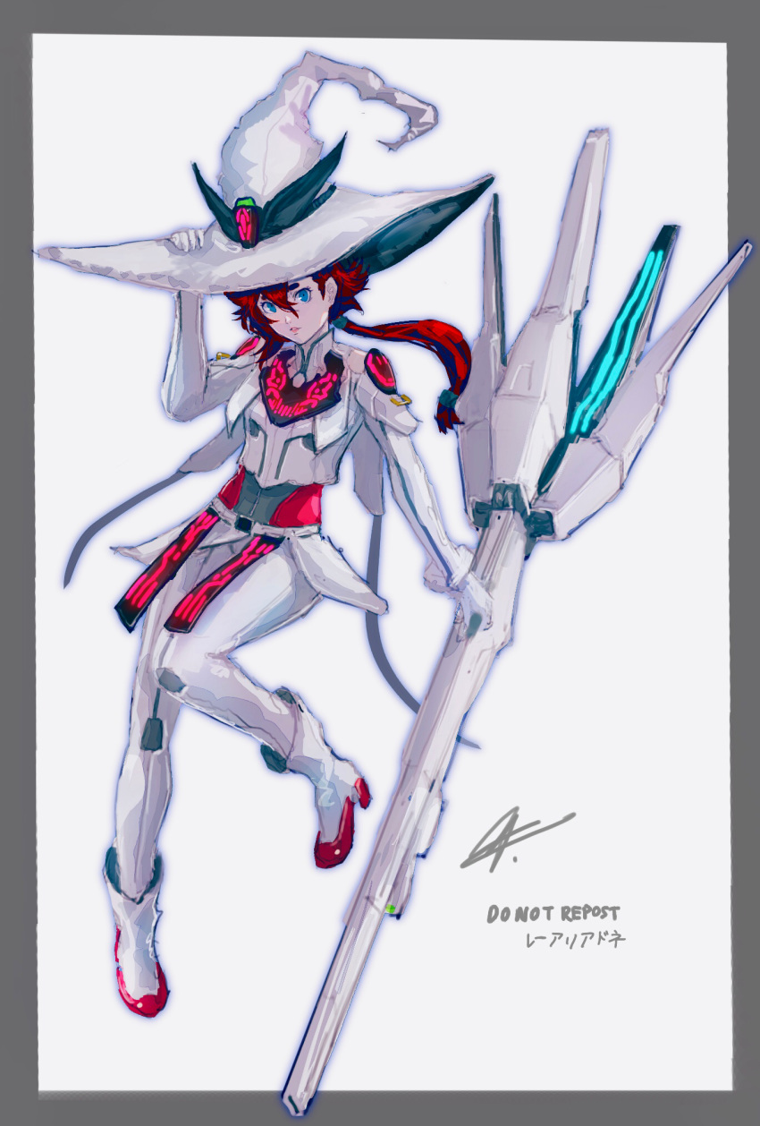 1girl beam_cannon blue_eyes boots border cosplay energy_cannon grey_border gundam gundam_calibarn gundam_calibarn_(cosplay) gundam_suisei_no_majo hat highres holding holding_cannon holding_clothes holding_hat holding_weapon long_hair long_sleeves looking_at_viewer low-tied_long_hair low_ponytail mecha_musume pants rae_ariadne redhead solo suletta_mercury weapon white_background witch witch_hat