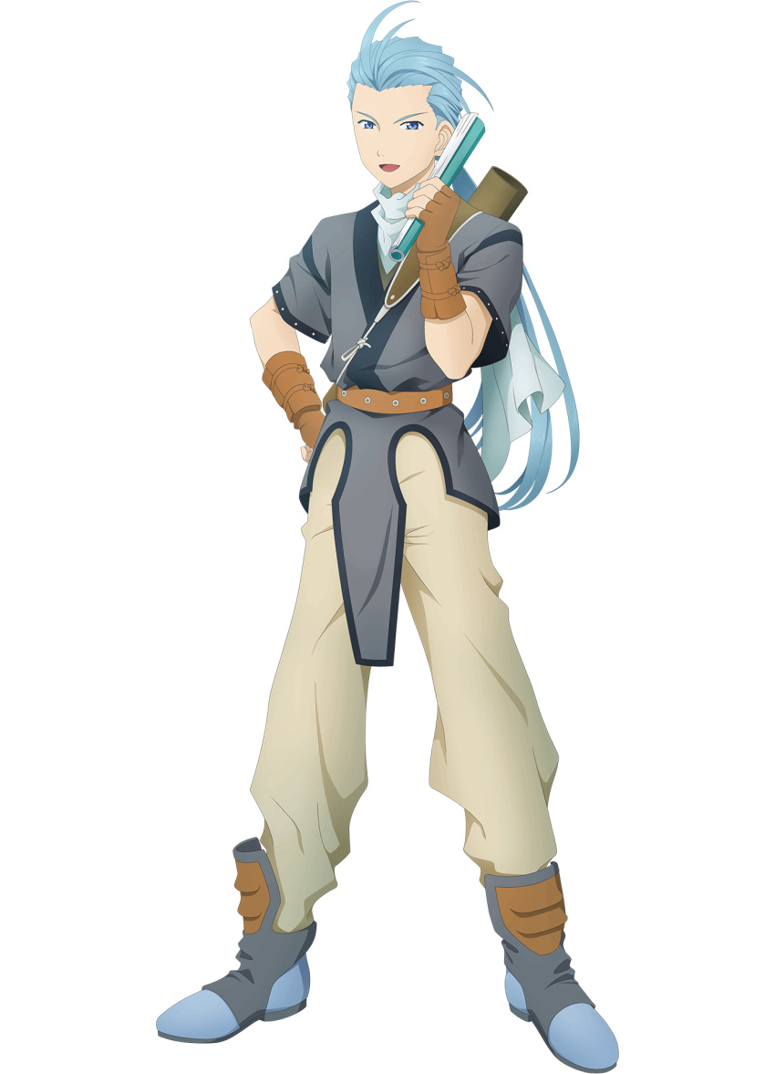 1boy aqua_hair blue_eyes brown_gloves chester_burklight english_commentary fingerless_gloves gloves highres male_focus official_art open_mouth ponytail shoes short_sleeves smile solo tales_of_(series) tales_of_asteria tales_of_phantasia transparent_background