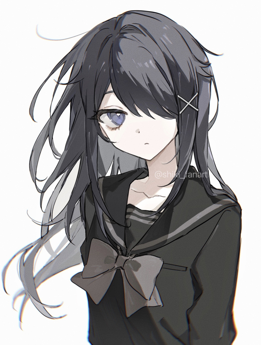 1girl ame-chan_(needy_girl_overdose) black_hair black_sailor_collar black_shirt bow closed_mouth collarbone commentary_request expressionless grey_bow hair_down hair_ornament hair_over_one_eye hairclip highres long_hair long_sleeves looking_at_viewer needy_girl_overdose official_alternate_costume official_alternate_hairstyle sailor_collar school_uniform shiki_fanart shirt simple_background solo upper_body violet_eyes white_background x_hair_ornament