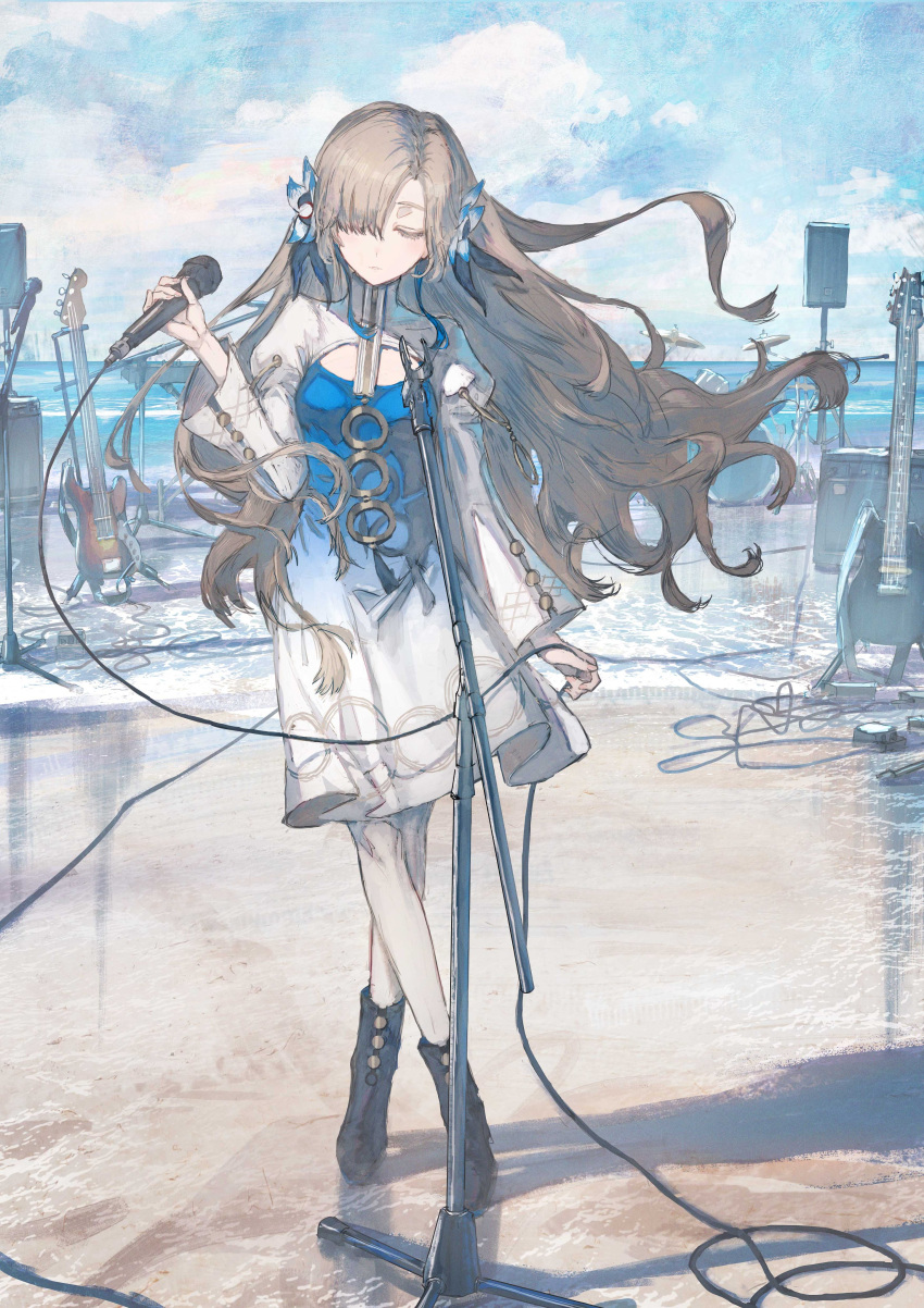 1girl absurdres amplifier black_footwear blue_dress blue_flower blue_hair boots cable closed_eyes clouds crossed_legs dress drum drum_set effects_pedal electric_guitar expressionless floating_hair flower full_body grey_hair guitar hair_flower hair_ornament hair_over_one_eye highres holding holding_microphone horizon instrument isekai_joucho kamitsubaki_studio light_blush long_hair long_sleeves microphone microphone_stand multicolored_hair outdoors pantyhose shore sky solo tokiki_(tomok1) two-tone_dress two-tone_hair virtual_youtuber water watson_cross white_dress white_pantyhose