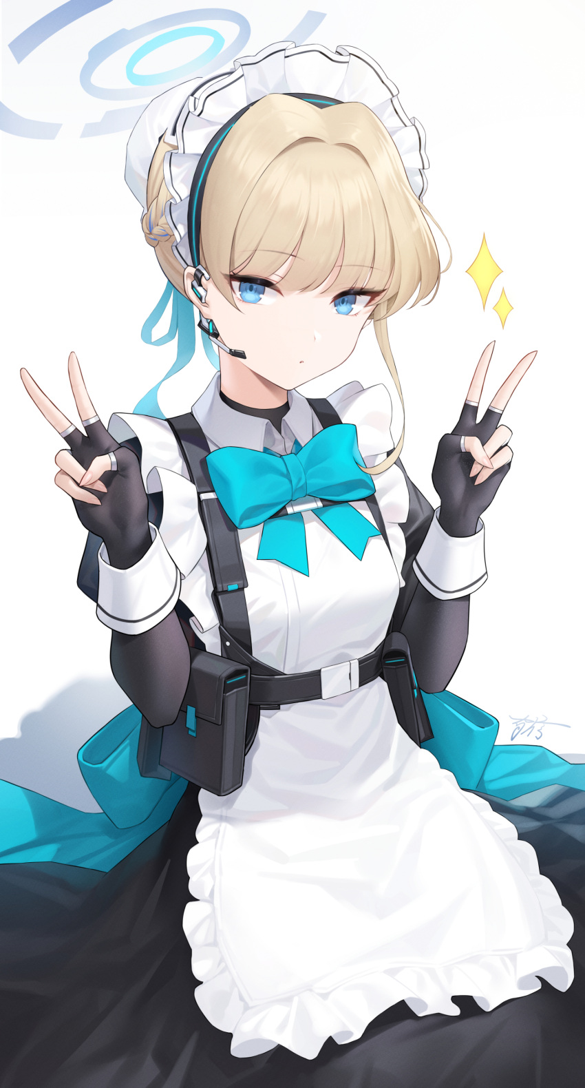 1girl absurdres apron back_bow black_dress black_gloves blonde_hair blue_archive blue_bow blue_bowtie blue_eyes blunt_bangs bow bowtie bun_cover closed_mouth cowboy_shot double_v dress elbow_gloves fingerless_gloves gloves hair_bun halo headset highres looking_at_viewer maid maid_headdress pouch short_hair signature single_hair_bun solo sparkle toki_(blue_archive) v white_apron wrist_cuffs youx