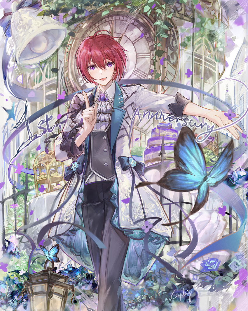 1boy :d anniversary ascot bell blue_butterfly bug butterfly buttons clock collared_shirt csyday double-breasted ensemble_stars! falling_petals feet_out_of_frame fence grey_ascot grey_pants grey_vest hair_between_eyes highres index_finger_raised jacket lantern layered_clothes legs_together long_sleeves looking_at_viewer male_focus open_clothes open_hand open_jacket open_mouth outdoors outstretched_arm pants petals redhead shirt short_hair sidelocks smile solo suou_tsukasa vest violet_eyes white_jacket white_shirt