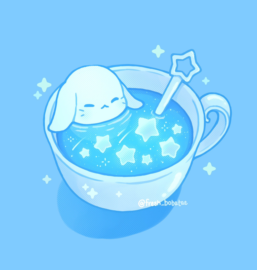 1other animal_focus bathing blue_theme closed_eyes cup emily_kim english_commentary facial_mark highres no_humans original partially_submerged rabbit shadow shooting_star smile star_(symbol) tea teacup twitter_username wand whisker_markings