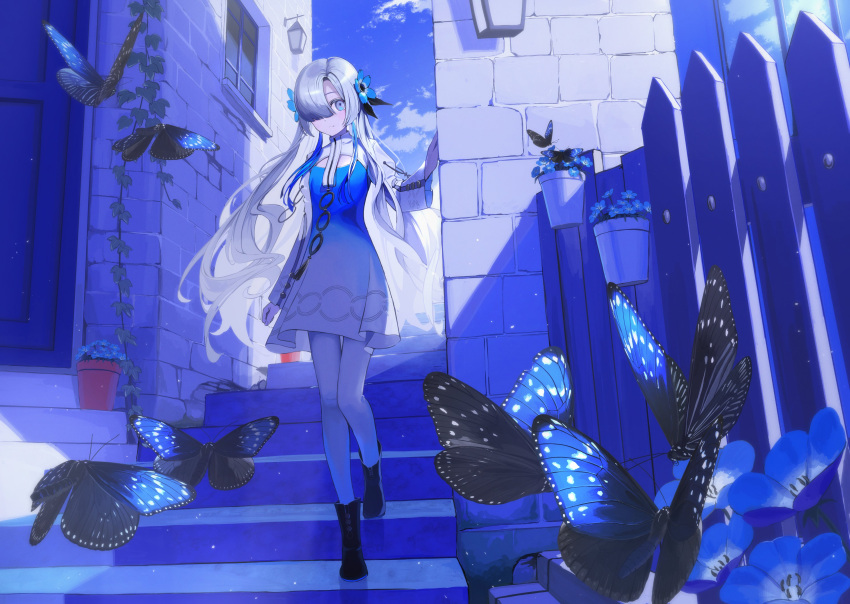 1girl absurdres black_footwear blue_butterfly blue_dress blue_flower blue_hair blue_sky boots bug building butterfly dress expressionless fence flower full_body grey_eyes hair_flower hair_ornament hair_over_one_eye highres isekai_joucho kamitsubaki_studio lantern light_blush long_hair long_sleeves looking_at_viewer mikisai multicolored_hair nemophila_(flower) outdoors pantyhose plant potted_plant sky solo stairs two-tone_dress two-tone_hair virtual_youtuber white_dress white_hair white_pantyhose