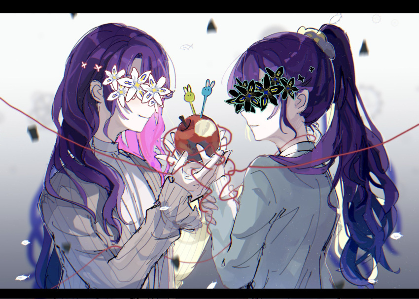 2girls apple asahina_mafuyu asahina_mafuyu's_mother curly_hair flower flower_over_eye food fruit hands_up highres holding holding_food holding_fruit linch long_hair long_sleeves looking_at_another mother_and_daughter multiple_girls ponytail project_sekai purple_hair rabbit shade simple_background smile string string_of_fate sweater