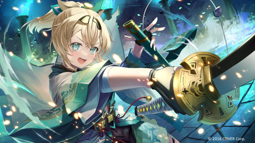 1girl aqua_eyes black_gloves blonde_hair crossed_bangs fingerless_gloves floating_hair food gloves hair_between_eyes haori holding holding_sword holding_weapon hololive japanese_clothes kazama_iroha kito_koruta looking_ahead official_art open_mouth ponytail sidelocks solo sword teeth upper_body upper_teeth_only virtual_youtuber weapon wide_sleeves