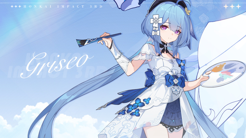 1girl ahoge beret black_headwear blue_flower blue_ribbon blue_theme breasts character_name chinese_commentary closed_mouth dress flower griseo hat highres holding holding_paintbrush honkai_(series) honkai_impact_3rd logo long_hair looking_at_viewer official_art official_wallpaper paintbrush ribbon small_breasts solo upper_body violet_eyes white_dress