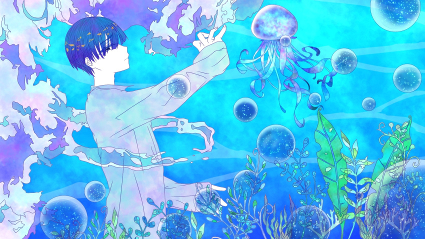 alternate_costume androgynous bad_source blue_background blue_eyes closed floating highres houseki_no_kuni jellyfish long_sleeves looking_at_viewer open_clothes open_shirt phosphophyllite phosphophyllite_(ll) shirokuko short_hair solo water_background