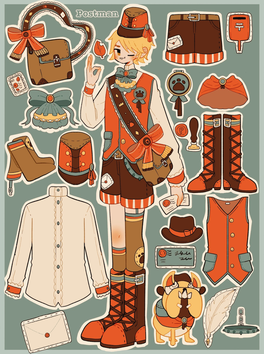 1boy alternate_costume autumn_leaves belt blonde_hair blue_background blue_border blue_bow boots border bow brooch brown_bag brown_belt brown_footwear brown_headwear brown_shorts brown_socks brown_thighhighs buttons capelet character_name cross-laced_footwear dog feathers frilled_sleeves frills full_body garter_straps hat hat_bow hat_ribbon high_collar highres holding holding_letter identity_v jewelry kneehighs lace-up_boots letter male_focus ok_sign one_eye_closed orange_eyes outline outside_border paw_print postage_stamp red_bow red_capelet red_ribbon red_vest ribbon sash shirt short_hair shorts single_garter_strap socks solo stitched_mouth stitches thigh-highs vest victor_grantz wax_seal wax_stamp white_outline white_shirt whybe123 wick_(identity_v)