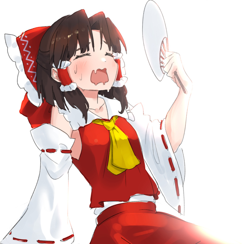 1girl arm_support bare_shoulders bloom blush bow breasts brown_hair closed_eyes collarbone commentary_request detached_sleeves drooling frilled_shirt_collar frills hair_bow hair_tubes hakurei_reimu highres hot leaning_back long_hair mont_blanca mouth_drool open_mouth overexposure parted_bangs red_bow red_skirt red_vest sidelighting sitting skirt skirt_set small_breasts solo sweat touhou vest