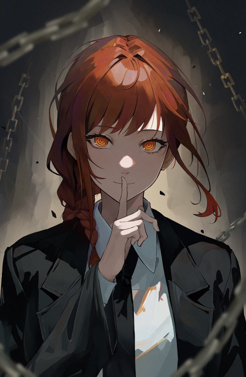 1girl black_necktie black_suit blurry braid braided_ponytail chain chainsaw_man closed_mouth collared_shirt commentary depth_of_field eyelashes finger_to_mouth formal grey_background hair_intakes hair_over_shoulder hand_up highres index_finger_raised komura_hiroto light_smile long_hair long_sleeves looking_at_viewer low_ponytail makima_(chainsaw_man) necktie orange_eyes redhead ringed_eyes shirt shushing simple_background solo straight-on suit swept_bangs upper_body white_shirt wide_sleeves