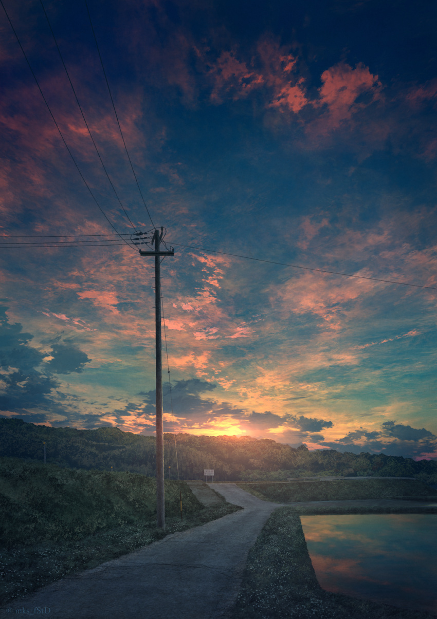 clouds evening grass highres landscape mks mountainous_horizon no_humans original outdoors power_lines reflection reflective_water rice_paddy road rural scenery sign sky sun sunset utility_pole