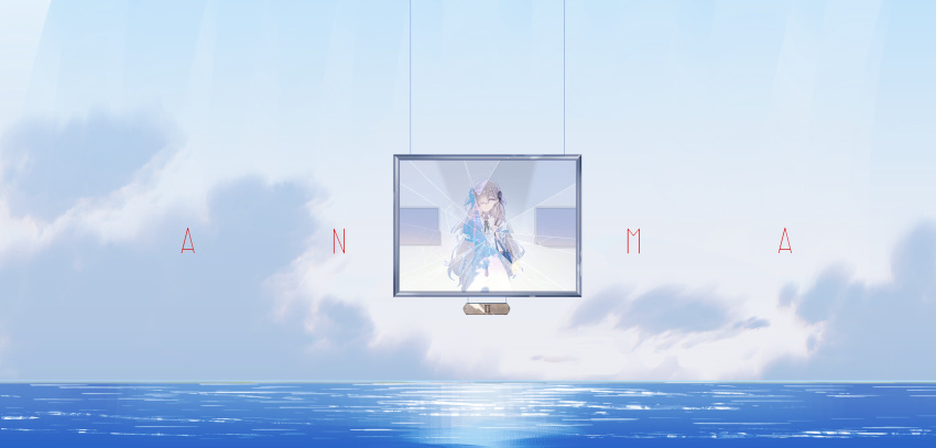 1girl absurdres bag blue_dress blue_hair clouds day dress expressionless flower hair_flower hair_ornament hair_over_one_eye highres isekai_joucho kamitsubaki_studio long_hair long_sleeves looking_at_viewer multicolored_hair ocean picture_frame shoulder_bag sky solo surreal two-tone_dress two-tone_hair upper_body virtual_youtuber walluka water white_dress white_eyes white_hair