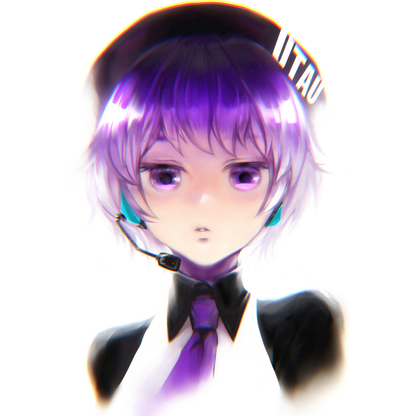 1girl beret black_sleeves chromatic_aberration collared_shirt commentary_request copyright_name cropped_shoulders expressionless hat headphones highres looking_at_viewer mezazzz microphone necktie parted_lips purple_hair purple_necktie shirt short_hair simple_background solo straight-on utane_uta utau vest violet_eyes white_background white_vest