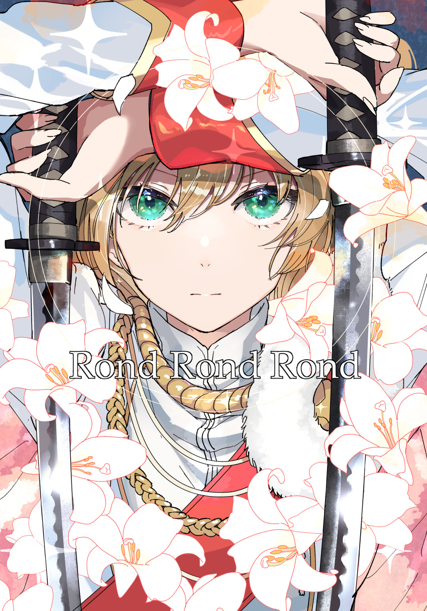 1girl :| absurdres aiguillette arms_up blonde_hair closed_mouth commentary daiba_nana dual_wielding fingernails flower fur_trim gradient_background green_eyes grey_background hair_between_eyes highres holding holding_sword holding_weapon jacket katana long_sleeves looking_at_viewer oshiri_seijin pink_background red_sash sash short_hair shoujo_kageki_revue_starlight shoulder_sash solo sparkle sword upper_body v-shaped_eyebrows weapon white_flower white_jacket