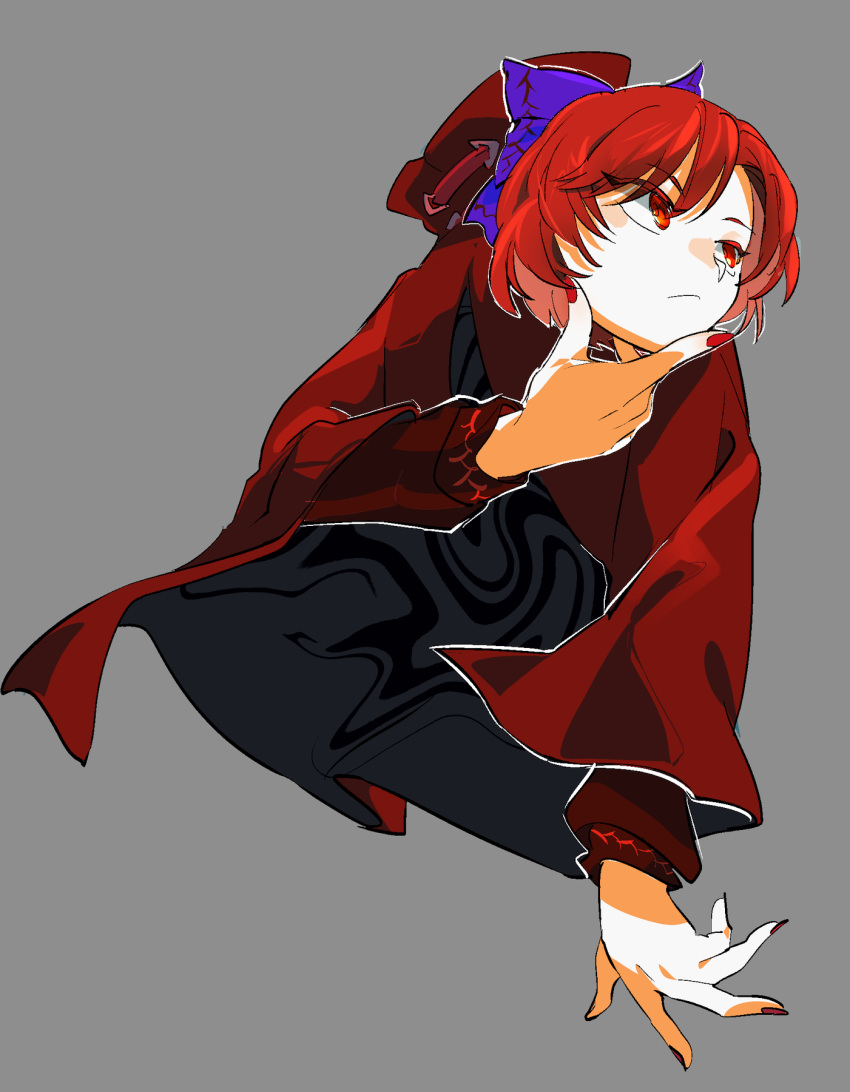 1girl blue_bow bow cape chamaruk closed_mouth disembodied_head fingernails grey_background hair_bow highres long_sleeves nail_polish red_cape red_eyes red_nails redhead sekibanki short_hair simple_background solo touhou upper_body