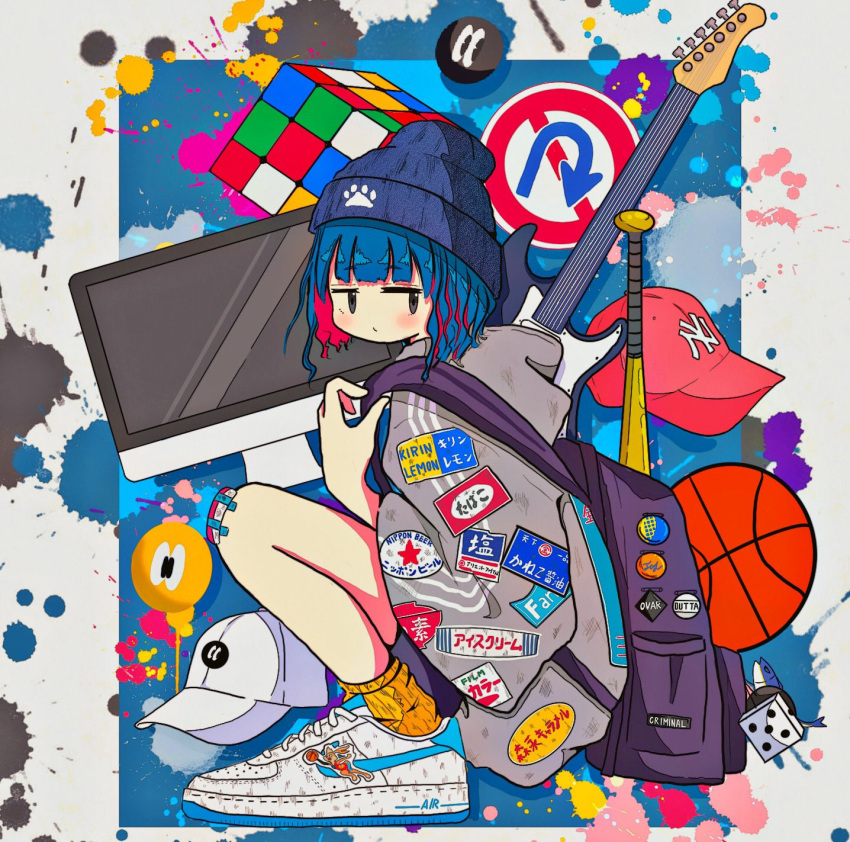 1girl backpack badge bag ball baseball_bat baseball_cap basketball_(object) beanie black_eyes blue_background blue_hair blush border button_badge computer dice electric_guitar from_side full_body grey_headwear grey_shirt guitar hat highres holding_strap imac instrument jitome looking_at_viewer looking_to_the_side multicolored_hair nao97122 nike original outside_border paint_splatter patch paw_print pink_hair revision road_sign rubik's_cube shirt shoes sign sleeves_past_elbows sneakers socks solo squatting sticker streaked_hair streetwear triple_vertical_stripe white_border white_footwear wide_sleeves yellow_socks