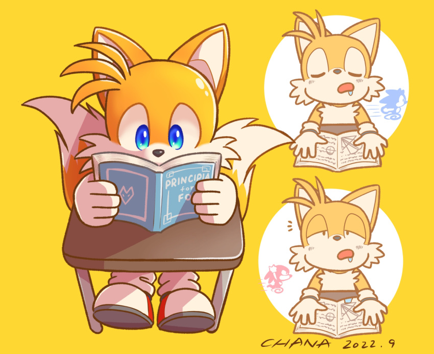 1boy artist_name blue_eyes book chana_(furrytails) closed_eyes dated desk drooling gloves holding holding_book multiple_views open_mouth reading shoes simple_background sitting sleeping sonic_(series) tails_(sonic) waking_up watermark yellow_background