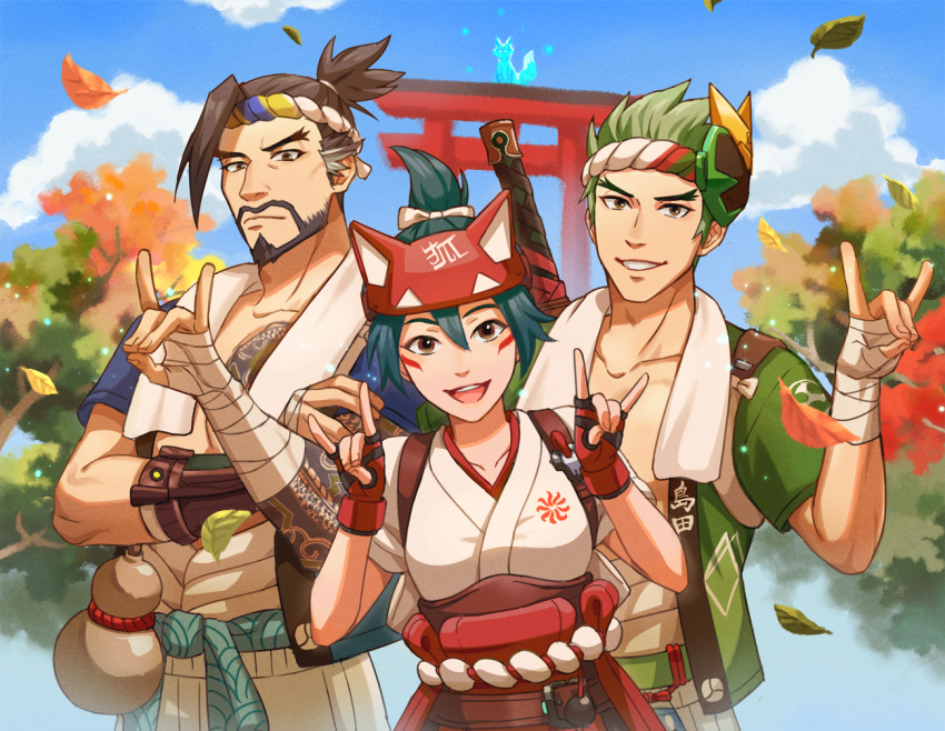 1girl 2boys alternate_costume arm_tattoo bandages bare_pectorals beard blue_sky brown_eyes brown_hair chest_tattoo closed_mouth clouds collarbone day facial_hair falling_leaves fingerless_gloves fox fox_shadow_puppet genji_(overwatch) gloves green_hair green_shirt hair_between_eyes hand_on_own_arm hanzo_(overwatch) high_ponytail japanese_clothes kiriko_(overwatch) leaf looking_at_viewer multiple_boys official_alternate_costume open_clothes open_mouth open_shirt outdoors overwatch overwatch_1 overwatch_2 pectorals ponytail red_gloves ribbon rope sen_nai sheath sheathed shimenawa shirt short_hair sky smile sword tattoo torii tree upper_body v-shaped_eyebrows weapon white_ribbon white_shirt