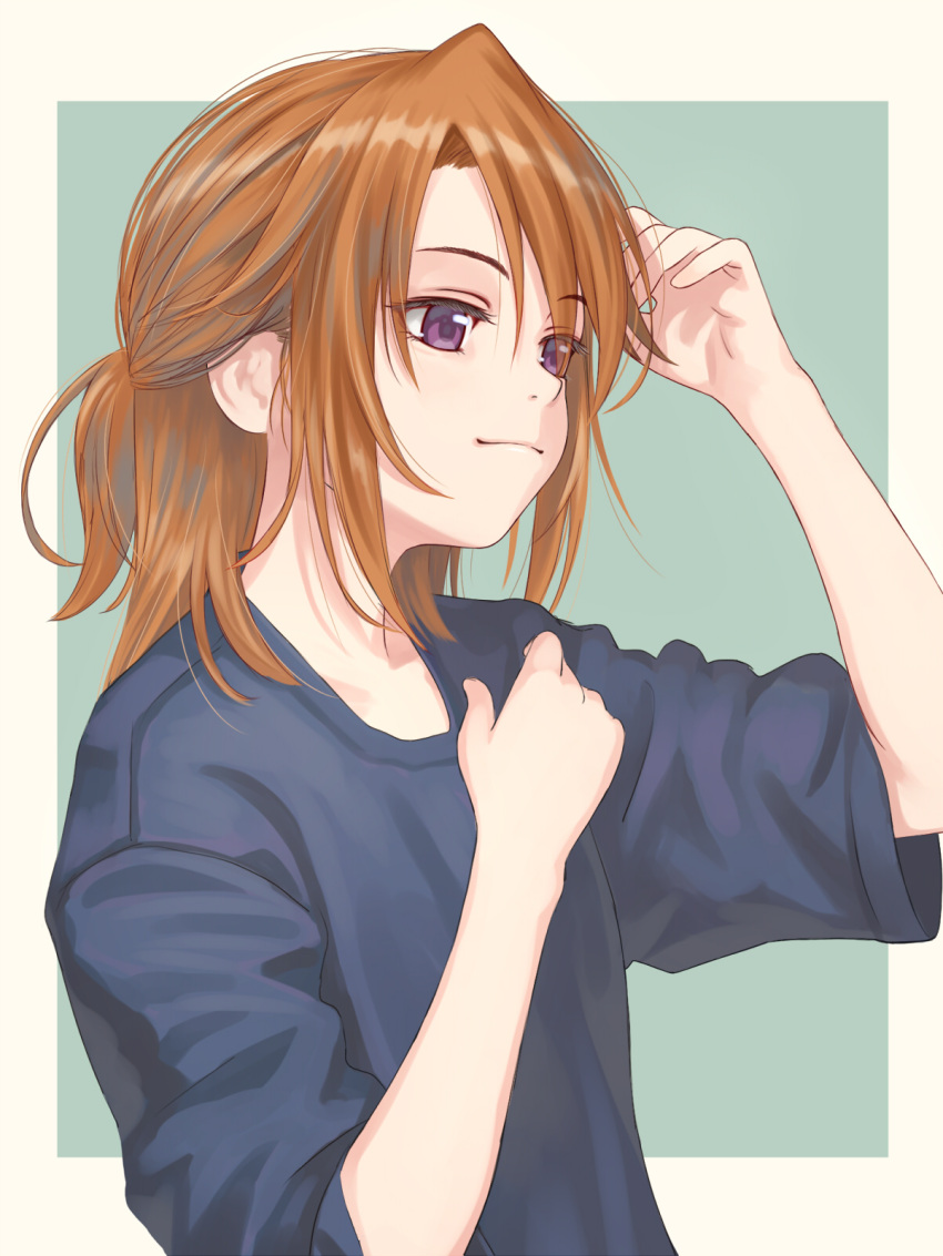 1girl adjusting_hair black_shirt blush half_updo highres idolmaster idolmaster_cinderella_girls looking_ahead nekopuchi orange_hair shirt short_ponytail short_sleeves simple_background solo two-tone_background upper_body violet_eyes yuuki_haru