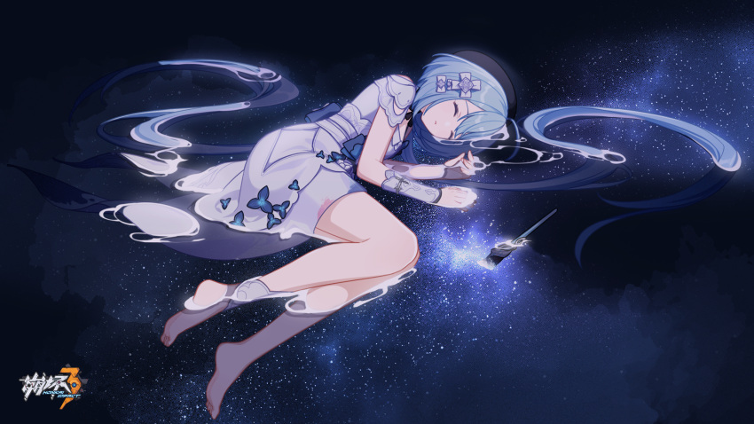 1girl barefoot beret black_headwear blue_hair chinese_commentary closed_eyes closed_mouth dress fetal_position griseo hat highres honkai_(series) honkai_impact_3rd in_water logo long_hair lying official_art official_wallpaper paintbrush sleeping solo space white_dress